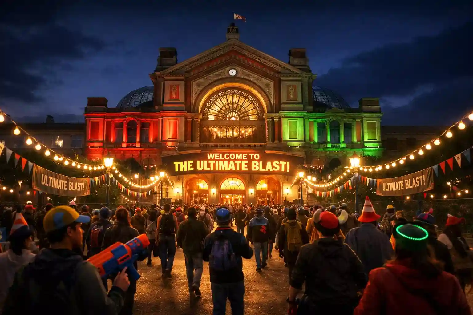 Alexandra Palace während der Darts-WM mit kostümierten Fans und beleuchteter Bühne