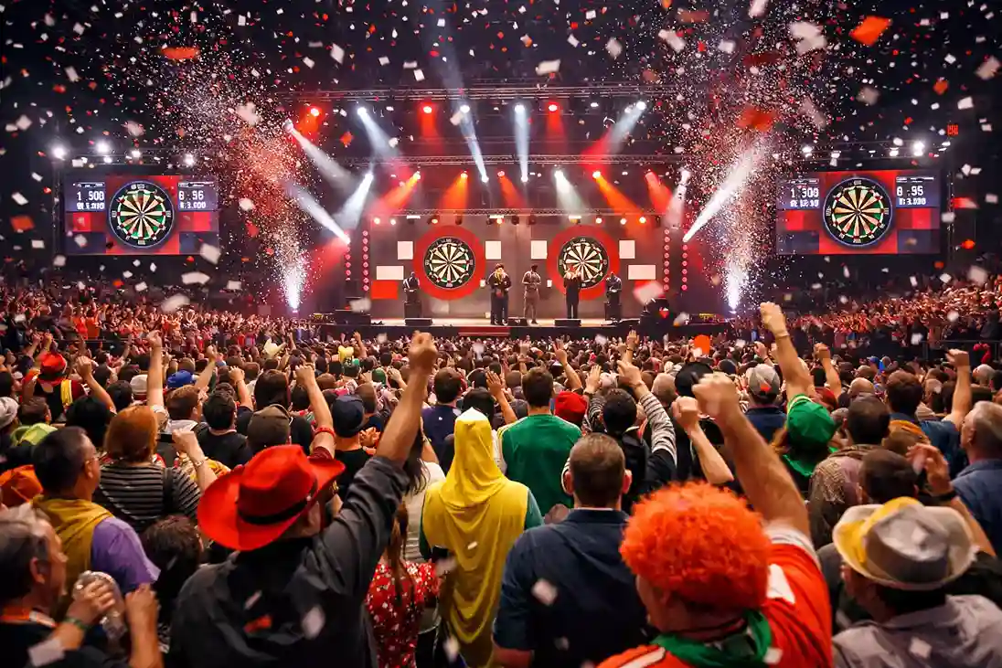 Darts-Arena mit Publikum während eines spannenden Live-Matches
