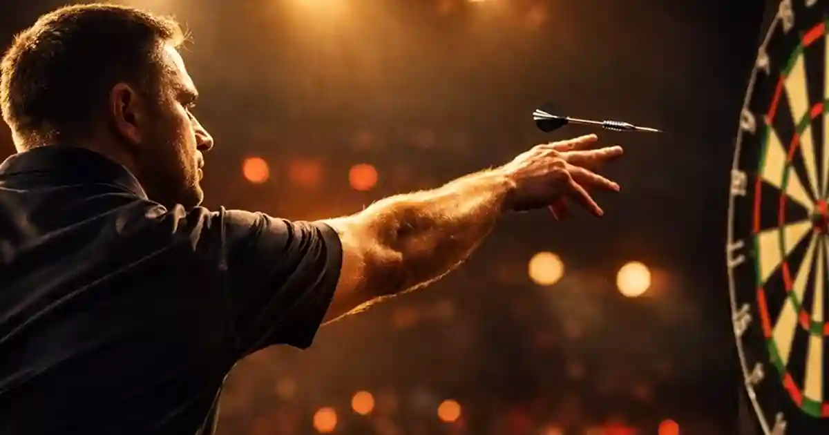 Darts-Spieler wirft einen Pfeil auf der beleuchteten Bühne vor Publikum