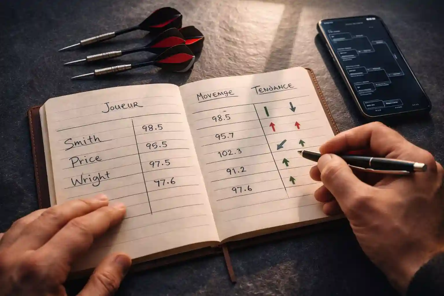 Notizbuch mit handschriftlicher Darts-Statistik und Formanalyse neben Dartpfeilen
