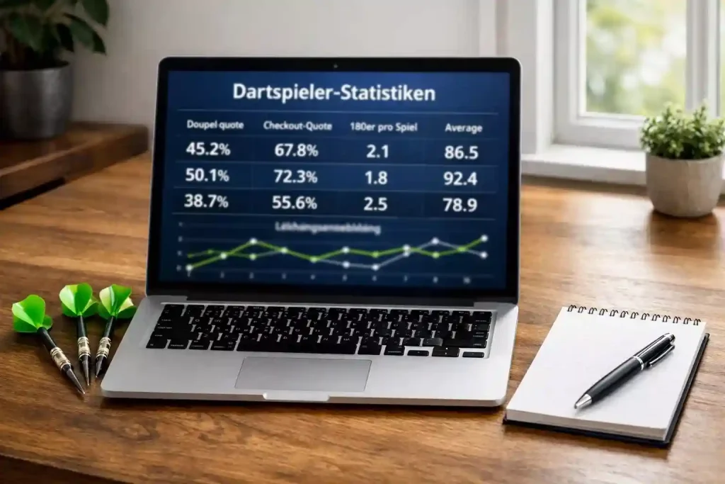 Dartscheibe mit drei Pfeilen im Bullseye neben einem Laptop der Wettquoten auf dem Bildschirm zeigt