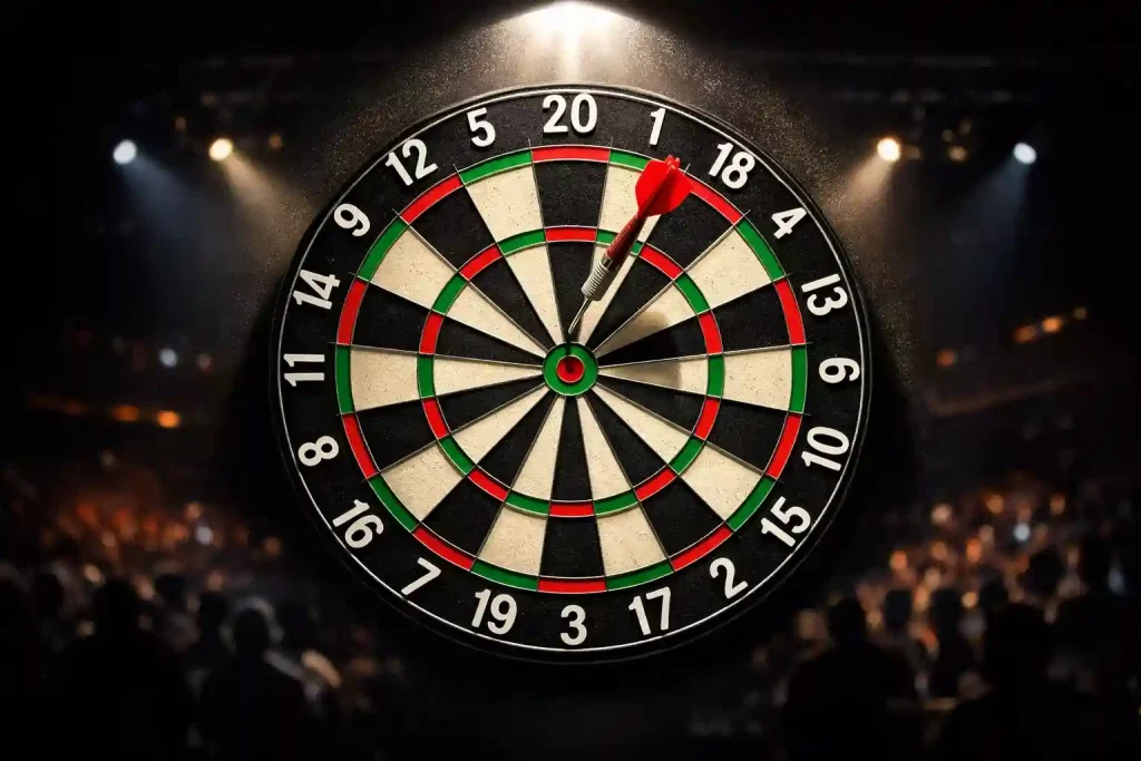 Dartpfeil steckt in der Triple-20 auf einer beleuchteten Dartscheibe während eines Turniers