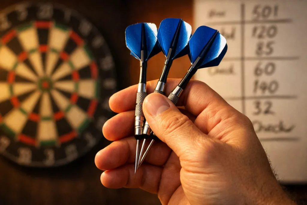 Nahaufnahme einer Hand die drei Dartpfeile hält vor einer Dartscheibe mit Statistiktafel im Hintergrund