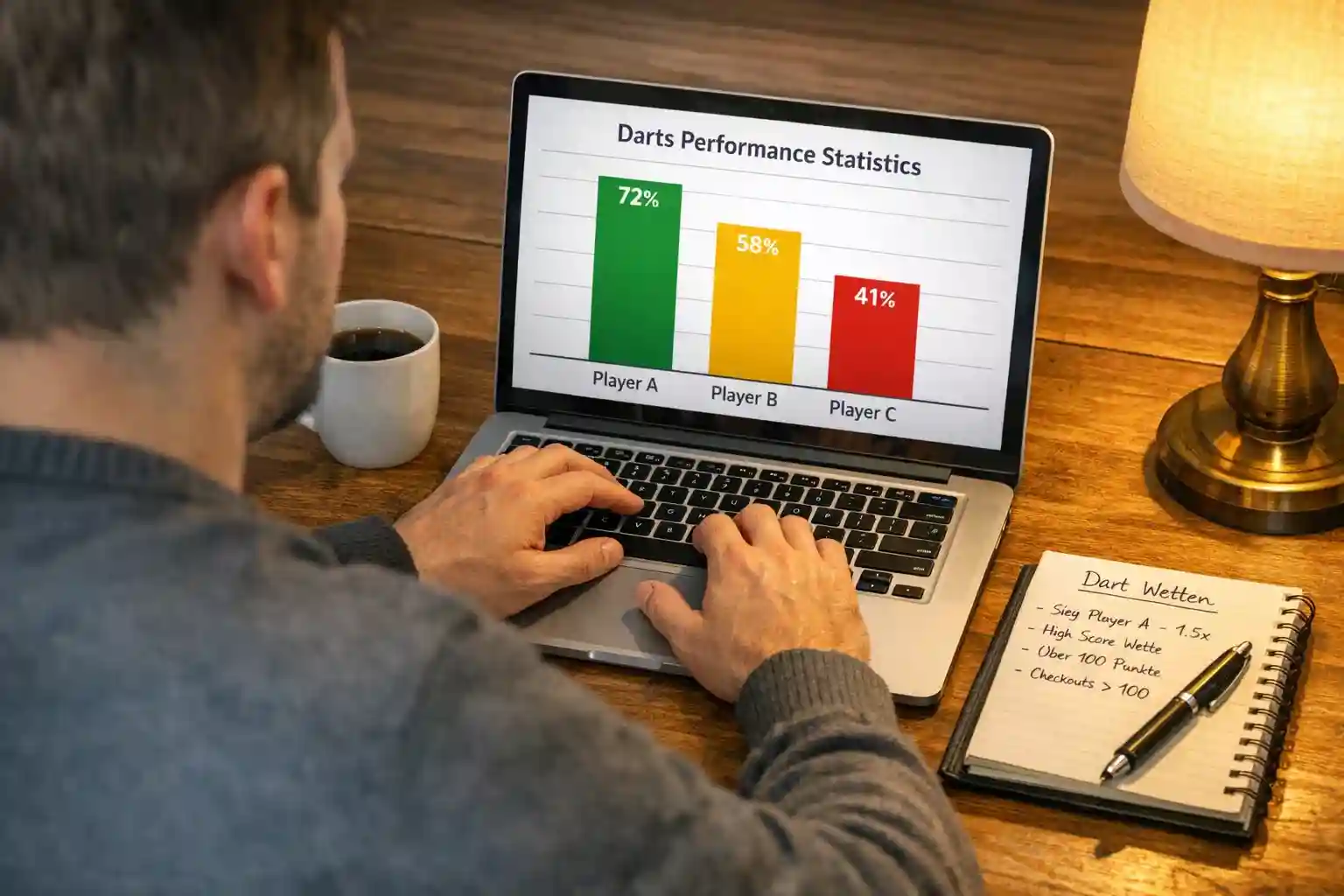Person analysiert Darts-Wettquoten und Statistiken am Laptop