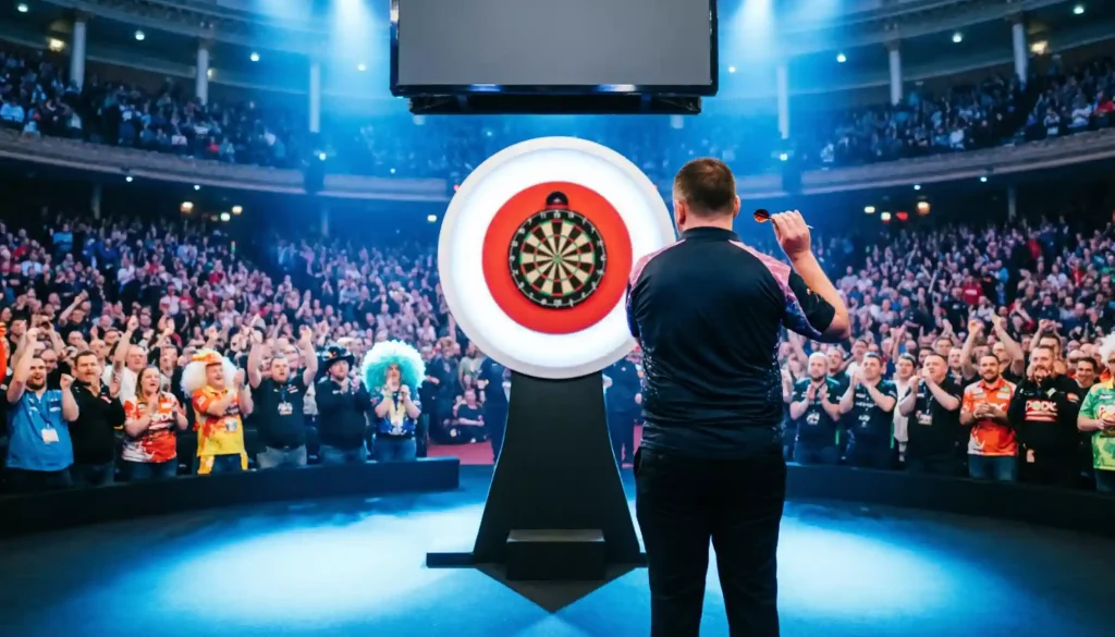 Dartbühne im Alexandra Palace mit Spieler am Oche vor großer Anzeigetafel und Publikum